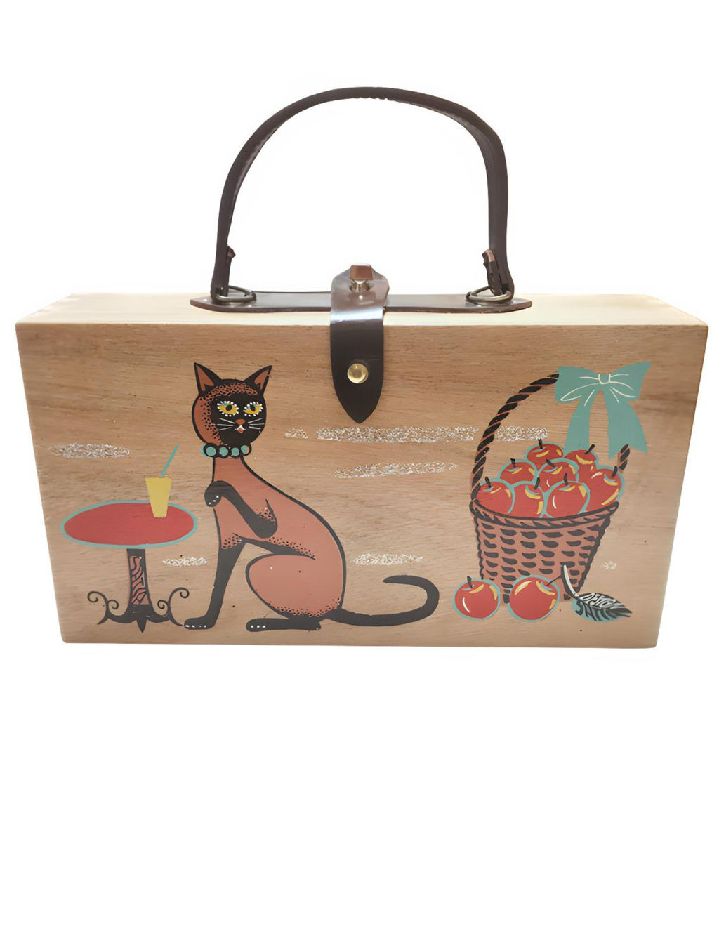 Satia Retro 1960's Cat Design Wood Purse